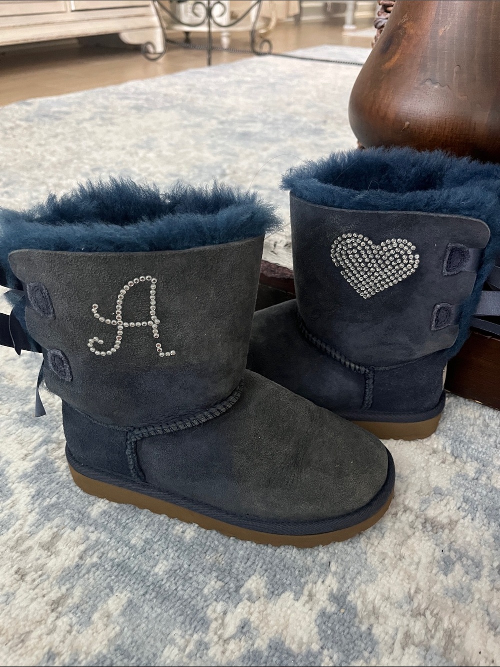 UGG Kids Navy Blue Shearling Rhinestone Heart & Initial Boots